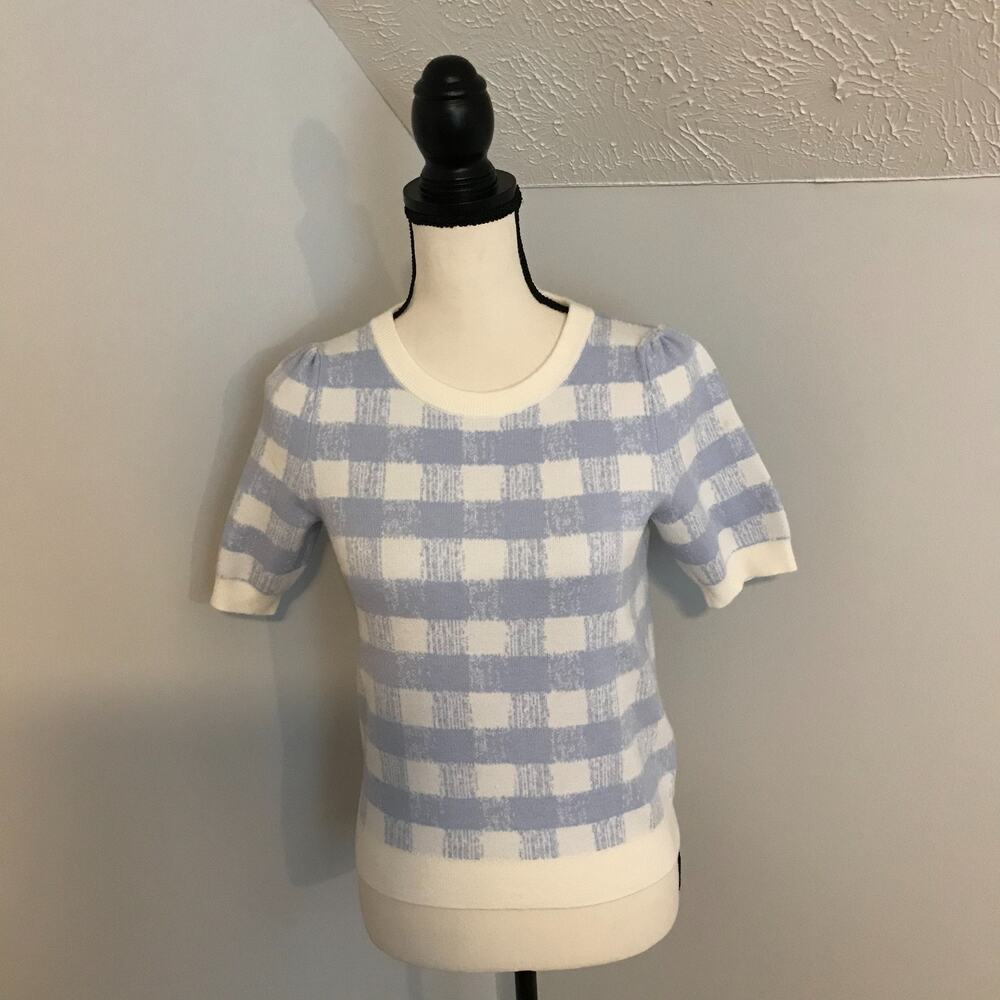 Anthropologie Maeve The Harmon Puff Sleeve Sweater Tee Blue Gingham XSP - Picture 2 of 10